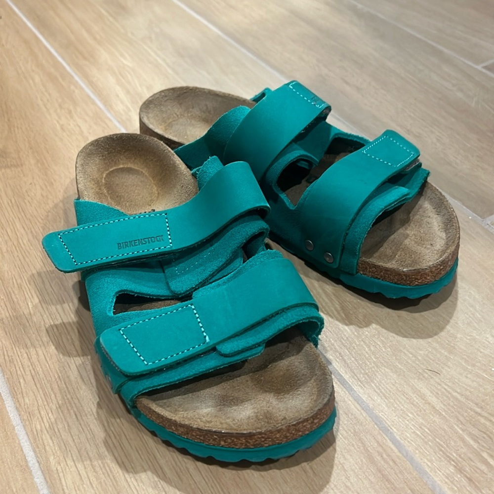 Birkenstock green velcro slides